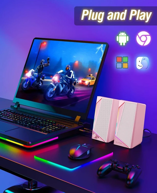 Alt view image 5 of 6 - Computer Speakers, USB/USB-C Powered AUX Audio for PC Speakers with Loud Stereo Sound, Headphone-in, Touch Lights for Desktop, Computer, Laptop, Desk(USB-C to USB Adapter Included,Light Pink