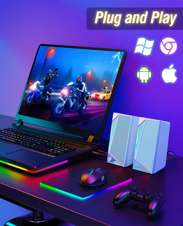 Alt view image 2 of 6 - Computer Speakers, USB/USB-C Powered PC Speakers with Loud Stereo Sound, Headphone-in for Desktop, Laptop, Monitor,White