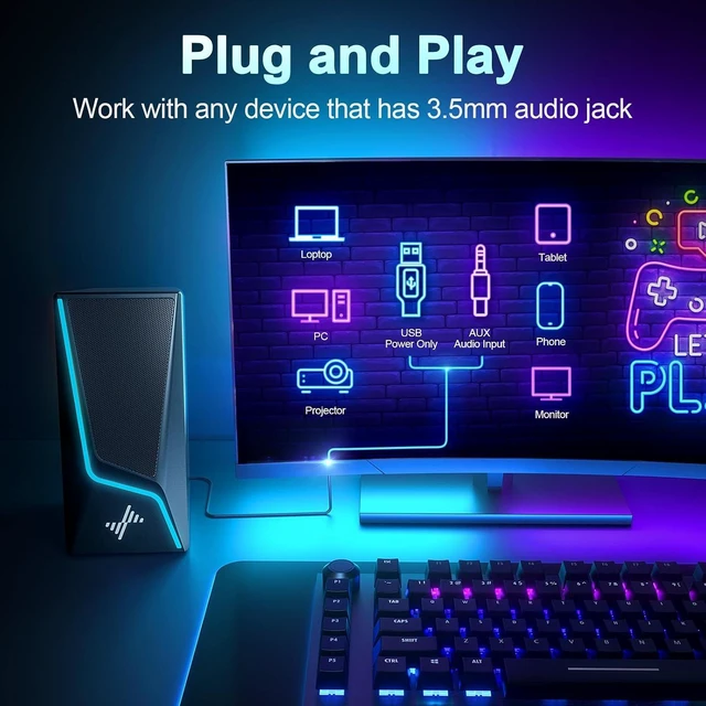 Alt view image 2 of 7 - Computer Speakers for Desktop, PC Speakers with 9 Lighting Modes USB Powered with 3.5mm AUX, Dual Speaker Units and 2 Bass-Boost Ports for PCs, Laptops and Monitors