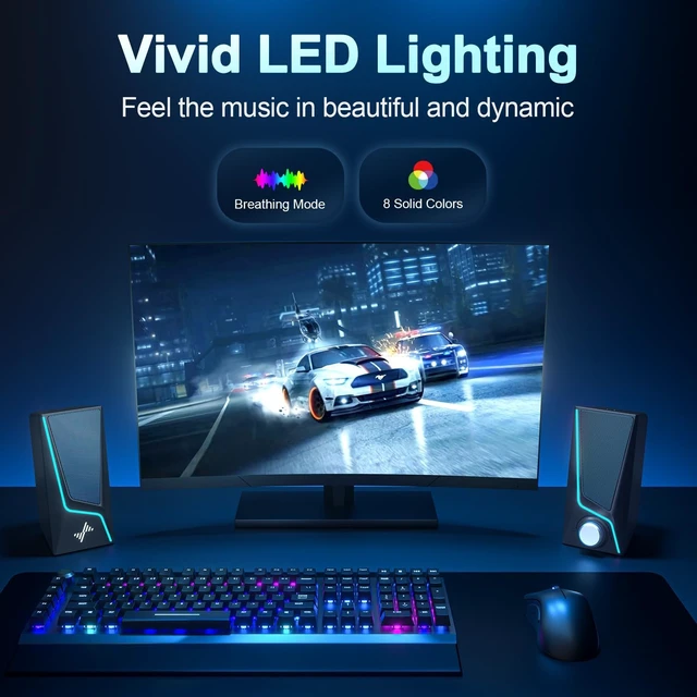 Alt view image 6 of 7 - Computer Speakers for Desktop, PC Speakers with 9 Lighting Modes USB Powered with 3.5mm AUX, Dual Speaker Units and 2 Bass-Boost Ports for PCs, Laptops and Monitors