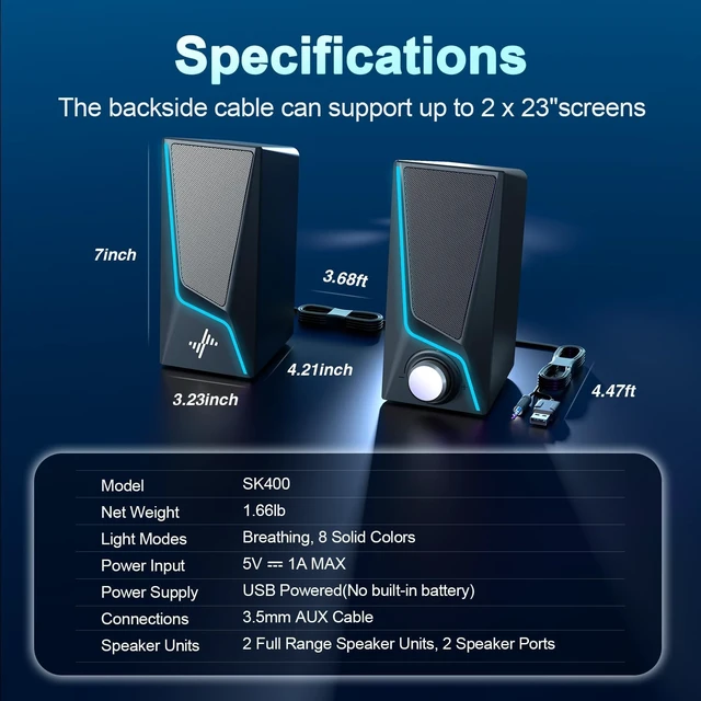 Alt view image 7 of 7 - Computer Speakers for Desktop, PC Speakers with 9 Lighting Modes USB Powered with 3.5mm AUX, Dual Speaker Units and 2 Bass-Boost Ports for PCs, Laptops and Monitors