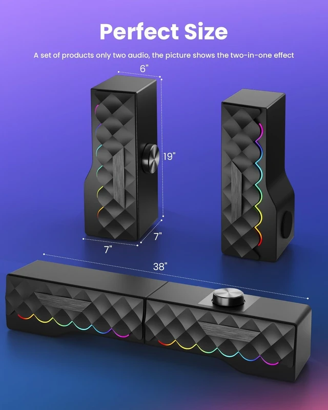 Alt view image 2 of 7 - PC Speakers - 2 in 1 Detachable Computer Speakers with LED for Dynamic and Cool Gaming - Gaming Speakers with USB Cable for Desktop PC, Monitor, Laptop, Gaming Equipment