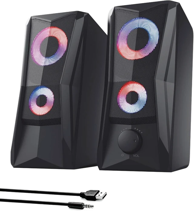 Main image of PC Speakers for Desktop, 2.0 Channel Touch Control Volume Light USB powered, 3.5mm AUX plug and play for PC, laptop, monitor;2 cables, up to 78 in, RGB lighting , front volume knob
