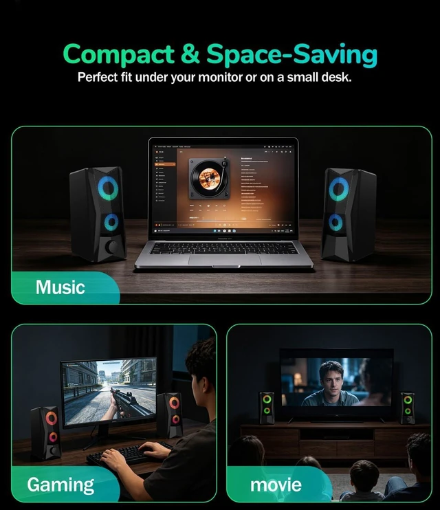 Alt view image 5 of 7 - PC Speakers for Desktop, 2.0 Channel Touch Control Volume Light USB powered, 3.5mm AUX plug and play for PC, laptop, monitor;2 cables, up to 78 in, RGB lighting , front volume knob