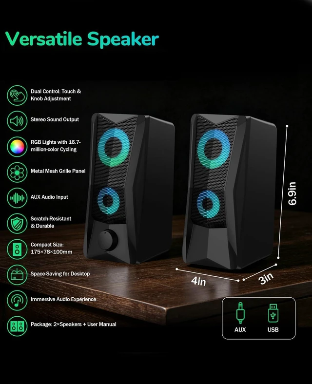 Alt view image 2 of 7 - PC Speakers for Desktop, 2.0 Channel Touch Control Volume Light USB powered, 3.5mm AUX plug and play for PC, laptop, monitor;2 cables, up to 78 in, RGB lighting , front volume knob