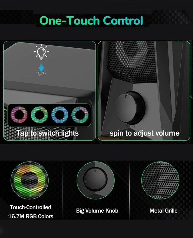 Alt view image 6 of 7 - PC Speakers for Desktop, 2.0 Channel Touch Control Volume Light USB powered, 3.5mm AUX plug and play for PC, laptop, monitor;2 cables, up to 78 in, RGB lighting , front volume knob