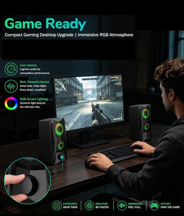 Alt view image 3 of 7 - PC Speakers for Desktop, 2.0 Channel Touch Control Volume Light USB powered, 3.5mm AUX plug and play for PC, laptop, monitor;2 cables, up to 78 in, RGB lighting , front volume knob