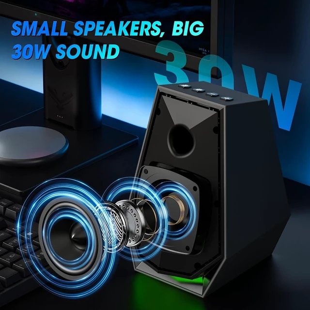 Alt view image 2 of 7 - Computer Gaming Speakers for Desktop PC 30W Powered Monitor Speakers with Bluetooth/AUX/Type-C Connections, 6 Colorful Lights, Compatible with Monitor
