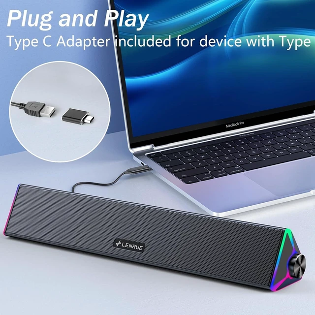 Alt view image 6 of 6 - Computer Speakers for Desktop,PC Speakers with Single USB for Power and Stereo Sound,Touch Lights Gaming Speakers Sound bar for Desktop PC Laptop(USB-C Adapter Included)