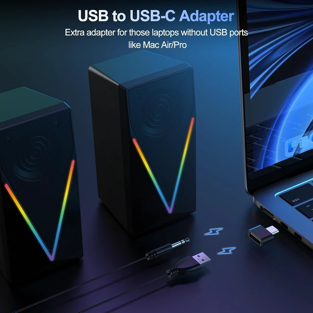 Alt view image 7 of 7 - Computer Speakers, Desktop PC Speakers with 6 Colorful RGB Lights, Headphone Jack, Enhanced Bass and Volume Control, USB Powered & 3.5mm Aux Gaming Speakers for Laptop Monitor PC Tablet Phone