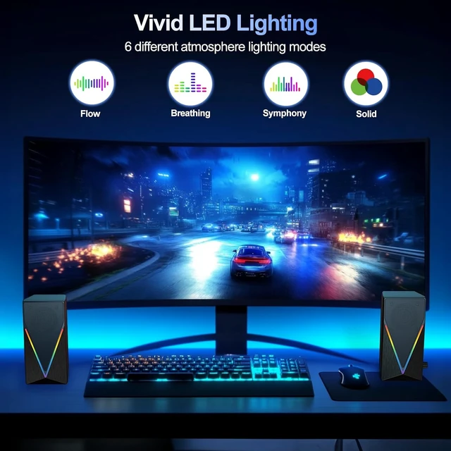 Alt view image 5 of 7 - Computer Speakers, Desktop PC Speakers with 6 Colorful RGB Lights, Headphone Jack, Enhanced Bass and Volume Control, USB Powered & 3.5mm Aux Gaming Speakers for Laptop Monitor PC Tablet Phone