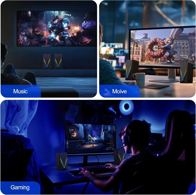 Alt view image 3 of 7 - Computer Speakers, Desktop PC Speakers with 6 Colorful RGB Lights, Headphone Jack, Enhanced Bass and Volume Control, USB Powered & 3.5mm Aux Gaming Speakers for Laptop Monitor PC Tablet Phone