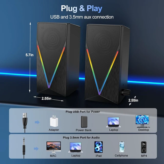 Alt view image 2 of 7 - Computer Speakers, Desktop PC Speakers with 6 Colorful RGB Lights, Headphone Jack, Enhanced Bass and Volume Control, USB Powered & 3.5mm Aux Gaming Speakers for Laptop Monitor PC Tablet Phone