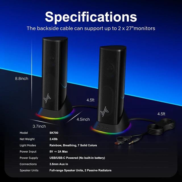 Alt view image 4 of 7 - Computer Speakers, Plug-and-Play PC Speakers for Desktop & Laptop Immersive Sound, 9 Customizable RGB Lights, USB/USB-C Powered & 3.5mm AUX-in Speakers for Monitor & Laptop, 18-Month Warranty