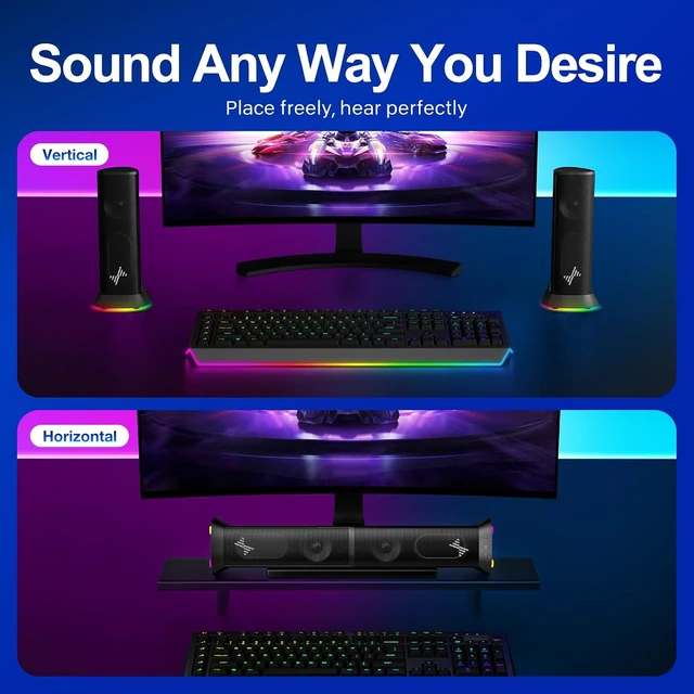 Alt view image 3 of 7 - Computer Speakers, Plug-and-Play PC Speakers for Desktop & Laptop Immersive Sound, 9 Customizable RGB Lights, USB/USB-C Powered & 3.5mm AUX-in Speakers for Monitor & Laptop, 18-Month Warranty