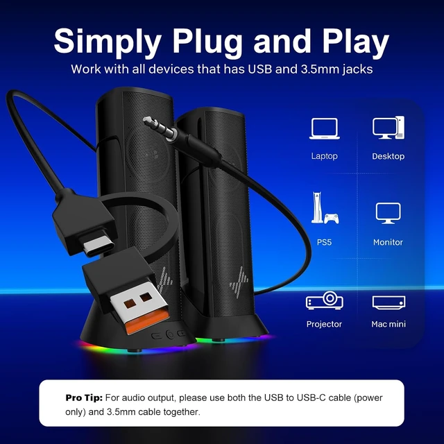 Alt view image 7 of 7 - Computer Speakers, Plug-and-Play PC Speakers for Desktop & Laptop Immersive Sound, 9 Customizable RGB Lights, USB/USB-C Powered & 3.5mm AUX-in Speakers for Monitor & Laptop, 18-Month Warranty
