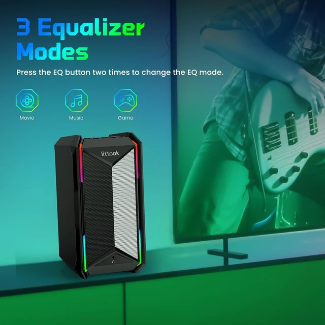 Alt view image 7 of 7 - Computer Speakers for Music and Gaming, DC Adapter Powered Speakers for Desktop PC or Laptop, Bluetooth 5.3 Desktop Speaker, 10 RGB Modes, 3.5mm Aux in, Headphone Port, Type-c Port, 30W, 3 EQ