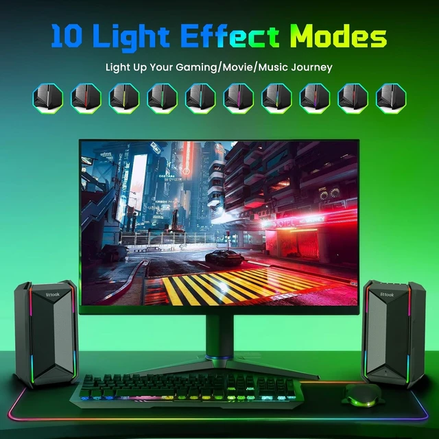 Alt view image 4 of 7 - Computer Speakers for Music and Gaming, DC Adapter Powered Speakers for Desktop PC or Laptop, Bluetooth 5.3 Desktop Speaker, 10 RGB Modes, 3.5mm Aux in, Headphone Port, Type-c Port, 30W, 3 EQ