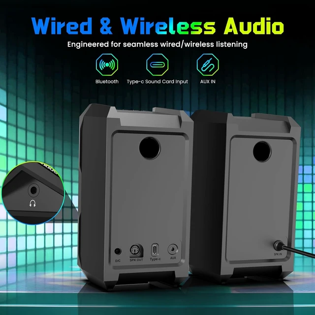 Alt view image 6 of 7 - Computer Speakers for Music and Gaming, DC Adapter Powered Speakers for Desktop PC or Laptop, Bluetooth 5.3 Desktop Speaker, 10 RGB Modes, 3.5mm Aux in, Headphone Port, Type-c Port, 30W, 3 EQ