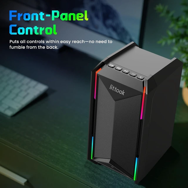 Alt view image 3 of 7 - Computer Speakers for Music and Gaming, DC Adapter Powered Speakers for Desktop PC or Laptop, Bluetooth 5.3 Desktop Speaker, 10 RGB Modes, 3.5mm Aux in, Headphone Port, Type-c Port, 30W, 3 EQ