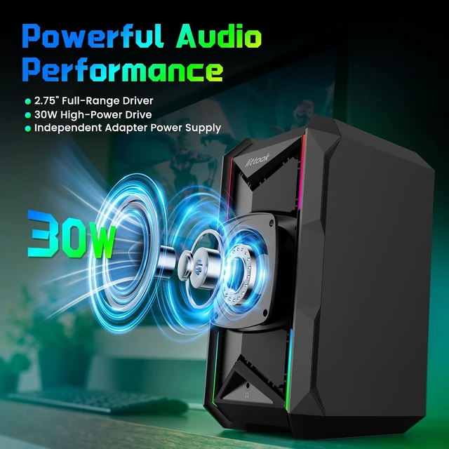 Alt view image 2 of 7 - Computer Speakers for Music and Gaming, DC Adapter Powered Speakers for Desktop PC or Laptop, Bluetooth 5.3 Desktop Speaker, 10 RGB Modes, 3.5mm Aux in, Headphone Port, Type-c Port, 30W, 3 EQ