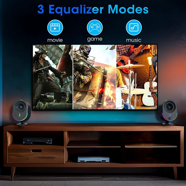 Alt view image 6 of 7 - Computer Speakers, Bluetooth PC Speakers, AC Powered Gaming Speaker with 3 EQ Modes, Stereo Speakers with 6 RGB Modes, Aux in, Headphone, USB port Speaker for Laptop/Desktop/TV, 2*15W, 2.0 CH