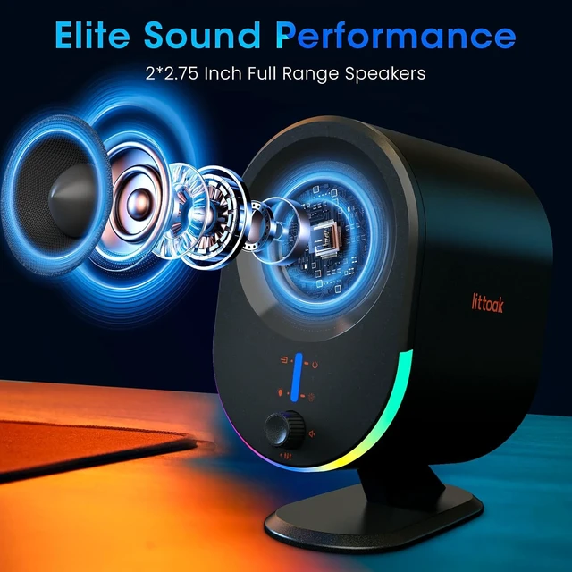 Alt view image 2 of 7 - Computer Speakers, Bluetooth PC Speakers, AC Powered Gaming Speaker with 3 EQ Modes, Stereo Speakers with 6 RGB Modes, Aux in, Headphone, USB port Speaker for Laptop/Desktop/TV, 2*15W, 2.0 CH