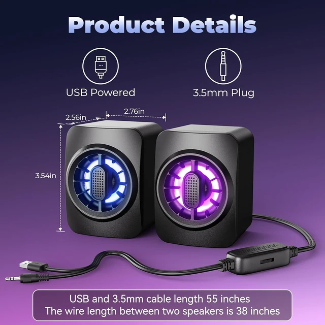 Alt view image 5 of 7 - Computer Speakers,RGB PC Speakers, USB Powered 3.5mm Aux Speaker for Desktop, PC, Laptop, Tablet - Small Computer Speakers | Clear Sound & 7-Color Dynamic Lighting
