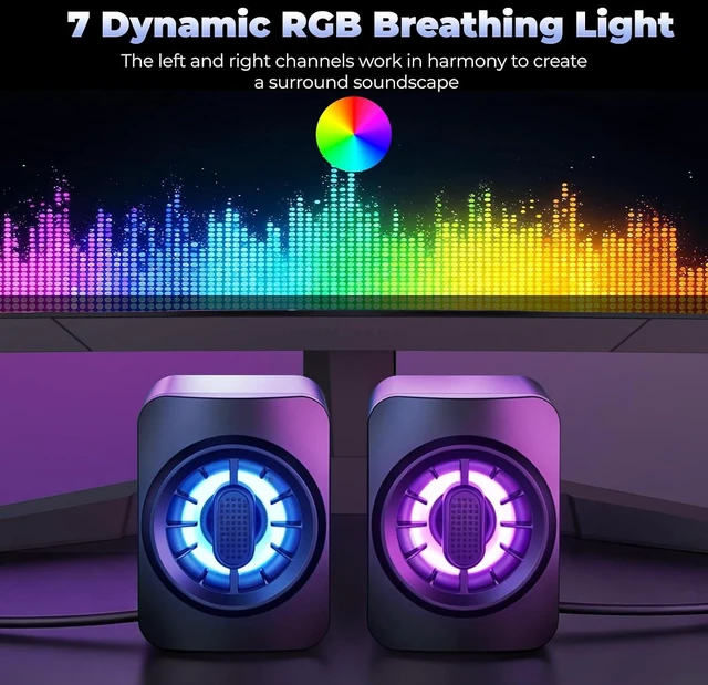 Alt view image 3 of 7 - Computer Speakers,RGB PC Speakers, USB Powered 3.5mm Aux Speaker for Desktop, PC, Laptop, Tablet - Small Computer Speakers | Clear Sound & 7-Color Dynamic Lighting