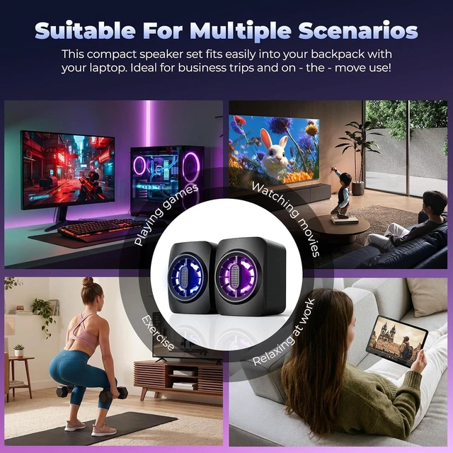 Alt view image 4 of 7 - Computer Speakers,RGB PC Speakers, USB Powered 3.5mm Aux Speaker for Desktop, PC, Laptop, Tablet - Small Computer Speakers | Clear Sound & 7-Color Dynamic Lighting