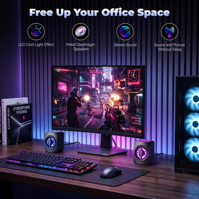 Alt view image 6 of 7 - Computer Speakers,RGB PC Speakers, USB Powered 3.5mm Aux Speaker for Desktop, PC, Laptop, Tablet - Small Computer Speakers | Clear Sound & 7-Color Dynamic Lighting