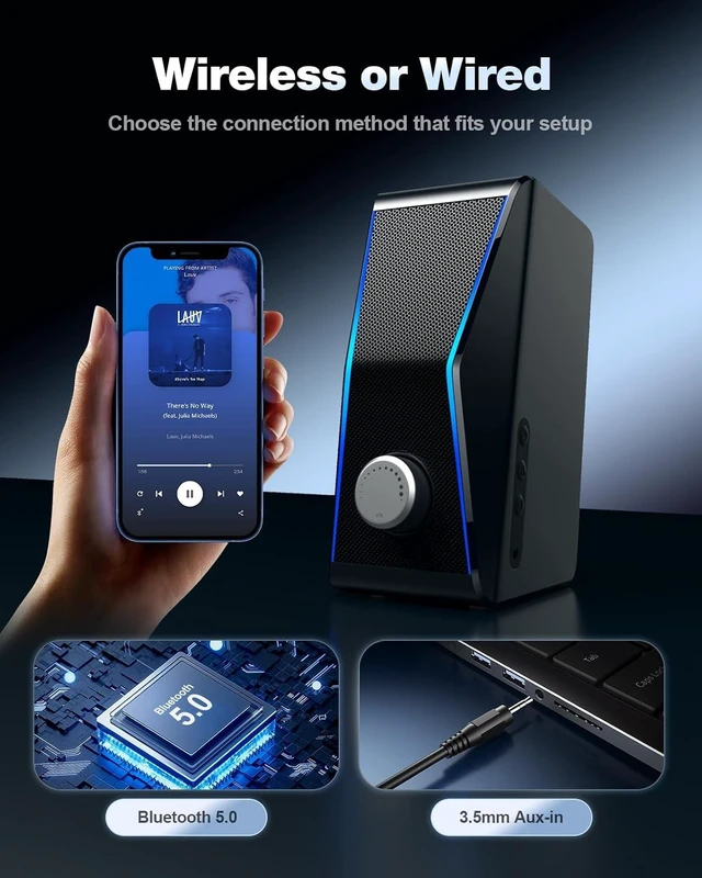 Alt view image 7 of 7 - Computer Speakers for Desktop PC, Bluetooth AUX PC Speakers RGB Hi-Fi Stereo Sound, 14W AC Powered Monitor Speakers, Built-in Equalizer Modes, Desktop Speakers for PC and Laptop