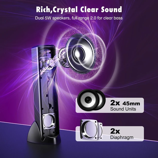 Alt view image 6 of 7 - Computer Speakers, RGB PC Speakers, Gaming Speakers with Full Screen LED Breathing Light, 2.0 Channel Stereo Sound Desktop Speakers, USB Powered Speaker for Computer Desktop PC Laptop Monitor