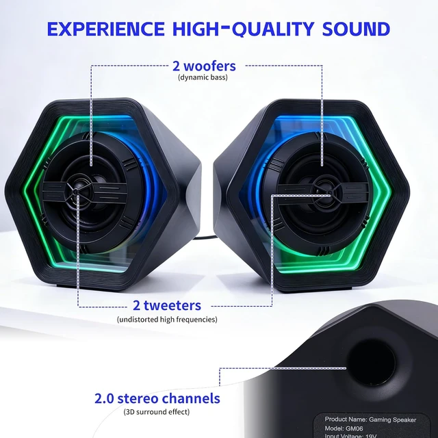 Alt view image 2 of 7 - Computer Speakers with 8 Modes RGB Lighting Effects 50W Loud Gaming Bluetooth Speakers