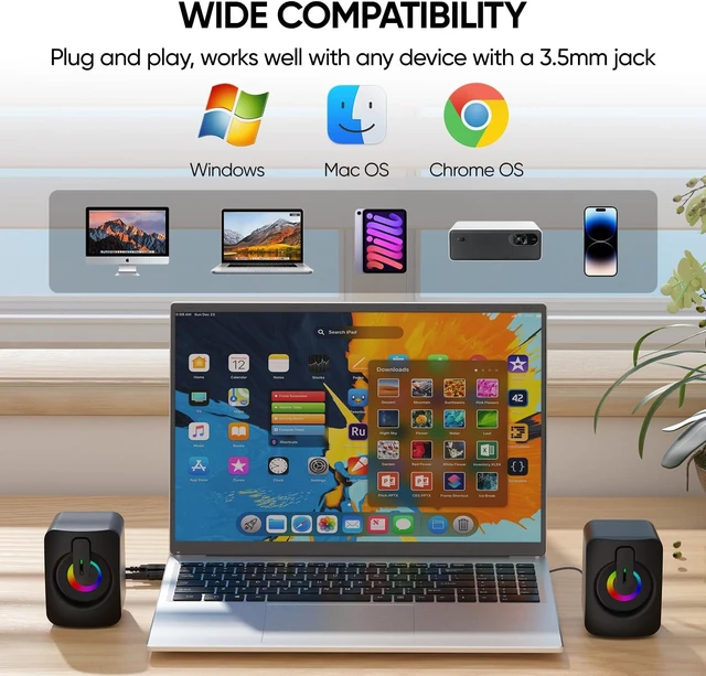 Alt view image 7 of 7 - RGB Computer Speakers, USB Powered 3.5mm Stereo for PC Laptop Clear Stereo Sound, 7-Color RGB Lighting, USB Plug & Play, Compact Design with Inline Volume Control for Everyday Use