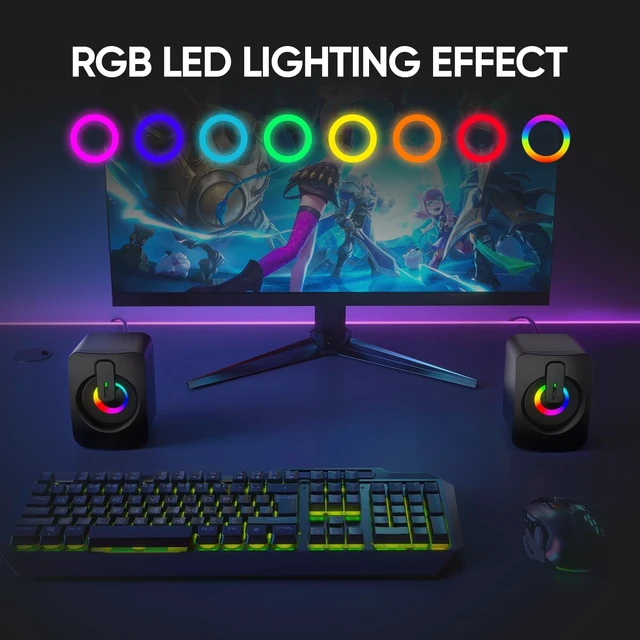 Alt view image 5 of 7 - RGB Computer Speakers, USB Powered 3.5mm Stereo for PC Laptop Clear Stereo Sound, 7-Color RGB Lighting, USB Plug & Play, Compact Design with Inline Volume Control for Everyday Use