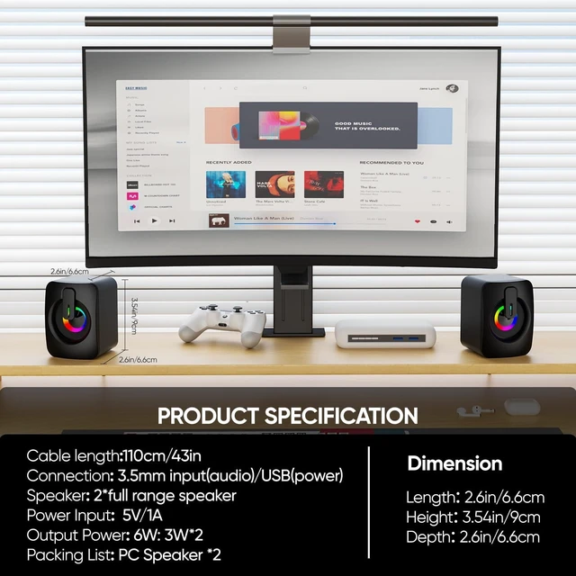 Alt view image 6 of 7 - RGB Computer Speakers, USB Powered 3.5mm Stereo for PC Laptop Clear Stereo Sound, 7-Color RGB Lighting, USB Plug & Play, Compact Design with Inline Volume Control for Everyday Use