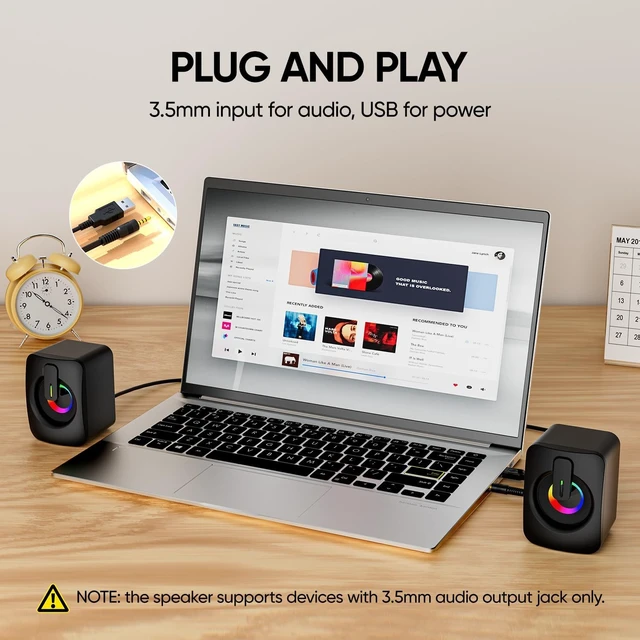 Alt view image 4 of 7 - RGB Computer Speakers, USB Powered 3.5mm Stereo for PC Laptop Clear Stereo Sound, 7-Color RGB Lighting, USB Plug & Play, Compact Design with Inline Volume Control for Everyday Use