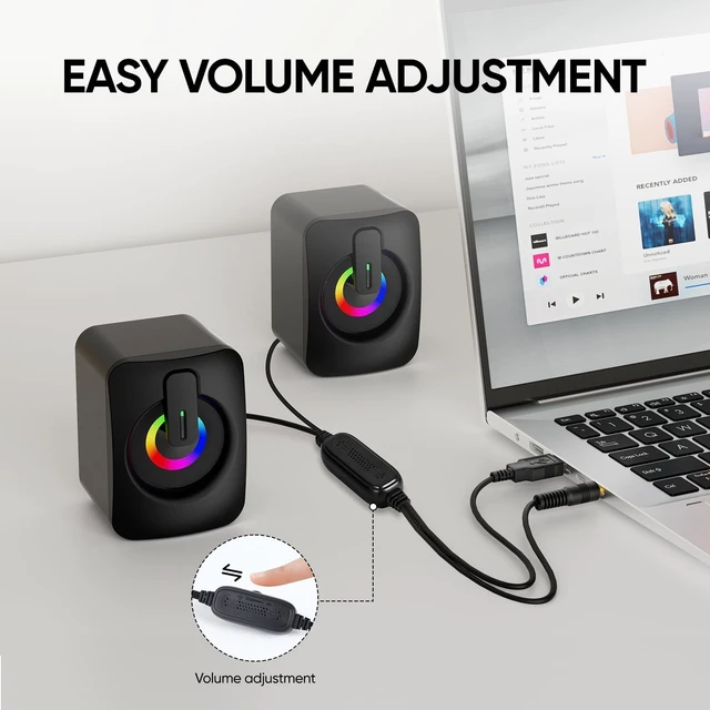 Alt view image 3 of 7 - RGB Computer Speakers, USB Powered 3.5mm Stereo for PC Laptop Clear Stereo Sound, 7-Color RGB Lighting, USB Plug & Play, Compact Design with Inline Volume Control for Everyday Use