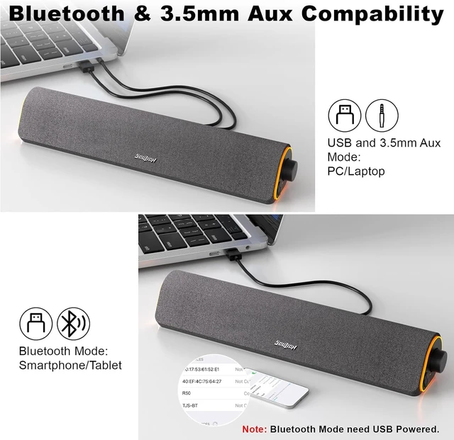 Alt view image 7 of 7 - R50 Bluetooth Computer Speakers, USB Powered & 3.5 Aux Colorful LED Lights, Switch Button Clear & Rich Sound, Breathable Cloth,Surround Soundbar, Widely Application,Dark Grey