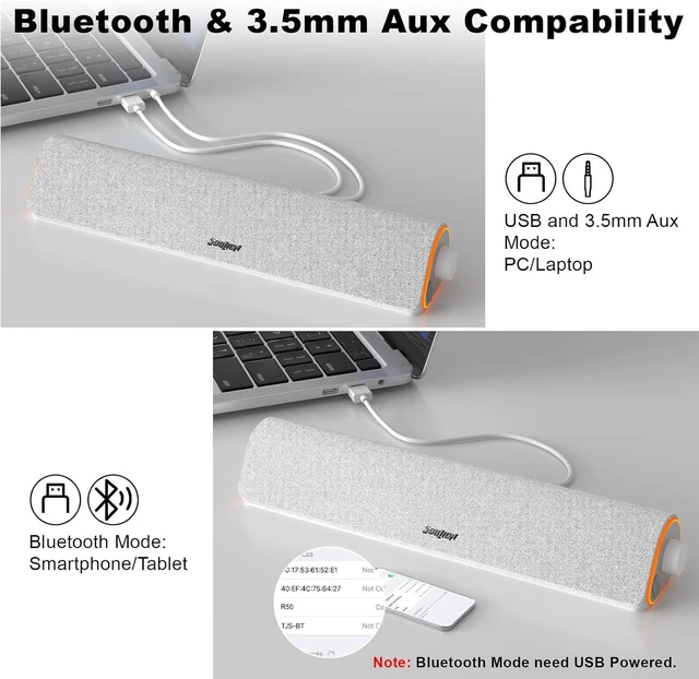 Alt view image 7 of 7 - R50 Bluetooth Computer Speakers, USB Powered & 3.5 Aux White Colorful LED Lights, Switch Button Clear & Rich Sound, Breathable Cloth,Surround Soundbar, Widely Application,White