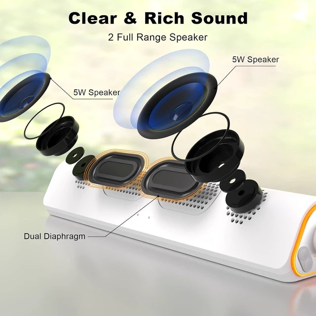 Alt view image 4 of 7 - R50 Bluetooth Computer Speakers, USB Powered & 3.5 Aux White Colorful LED Lights, Switch Button Clear & Rich Sound, Breathable Cloth,Surround Soundbar, Widely Application,White