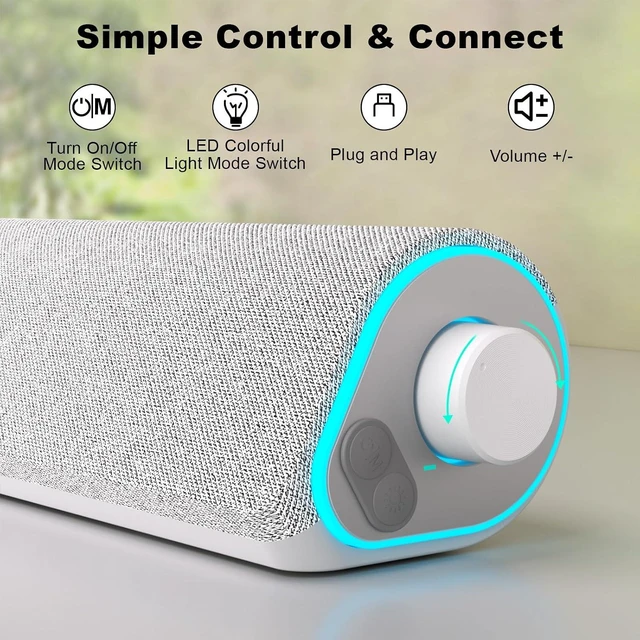 Alt view image 3 of 7 - R50 Bluetooth Computer Speakers, USB Powered & 3.5 Aux White Colorful LED Lights, Switch Button Clear & Rich Sound, Breathable Cloth,Surround Soundbar, Widely Application,White
