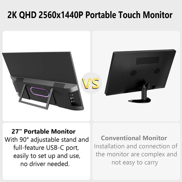 Alt view image 4 of 7 - 27 Inch 2K QHD 100Hz Touchscreen Monitor 10 Point Multi Touch, IPS Portable Display, 2560x1440 USB-C HDMI Laptop Monitor with Adjustable Stand & Speakers