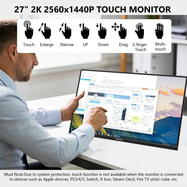 Alt view image 6 of 7 - 27 Inch 2K QHD 100Hz Touchscreen Monitor 10 Point Multi Touch, IPS Portable Display, 2560x1440 USB-C HDMI Laptop Monitor with Adjustable Stand & Speakers