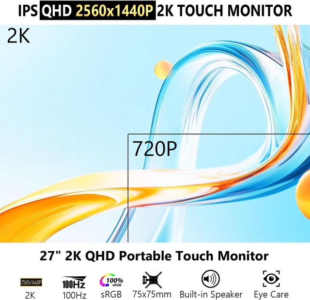 Alt view image 7 of 7 - 27 Inch 2K QHD 100Hz Touchscreen Monitor 10 Point Multi Touch, IPS Portable Display, 2560x1440 USB-C HDMI Laptop Monitor with Adjustable Stand & Speakers