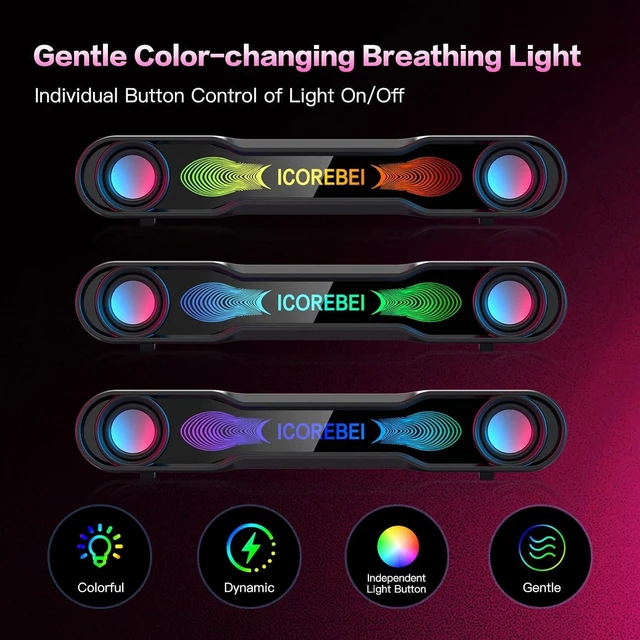 Alt view image 5 of 7 - Computer Speakers for Desktop PC, Bluetooth Soundbar with Deep Bass, 3-Mode RGB Lighting, USB-C/USB Plug-and-Play for Gaming, Home Office & Movies, Gamers and Remote Workers