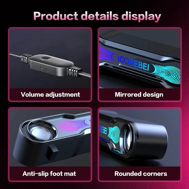 Alt view image 2 of 7 - Computer Speakers for Desktop PC, Bluetooth Soundbar with Deep Bass, 3-Mode RGB Lighting, USB-C/USB Plug-and-Play for Gaming, Home Office & Movies, Gamers and Remote Workers