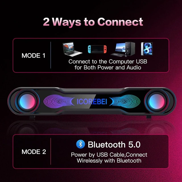 Alt view image 3 of 7 - Computer Speakers for Desktop PC, Bluetooth Soundbar with Deep Bass, 3-Mode RGB Lighting, USB-C/USB Plug-and-Play for Gaming, Home Office & Movies, Gamers and Remote Workers