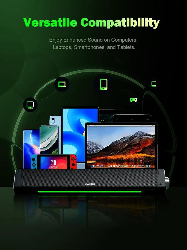 Alt view image 7 of 7 - Computer Speakers for Desktop PC, Bluetooth AUX Computer Sound Bar HiFi Stereo PC Speakers for Computer Desktop, PC Soundbar, USB/USB C Powered Gaming Speakers for Monitor, PC, Laptop